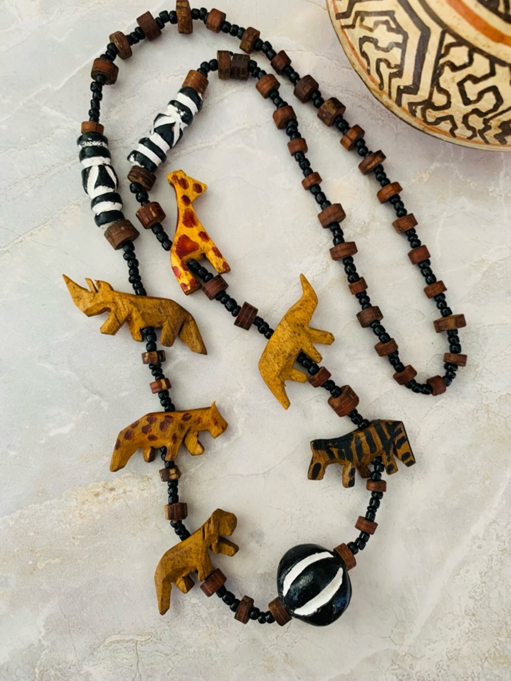 African Safari Style Wood Beads Necklace Giraffe Lion Rhino Elephant Zebra